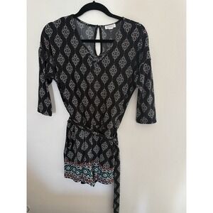 Market & Spruce Geometric Tribal Print Romper Black Teal XS Petite 3/4 Sleeve